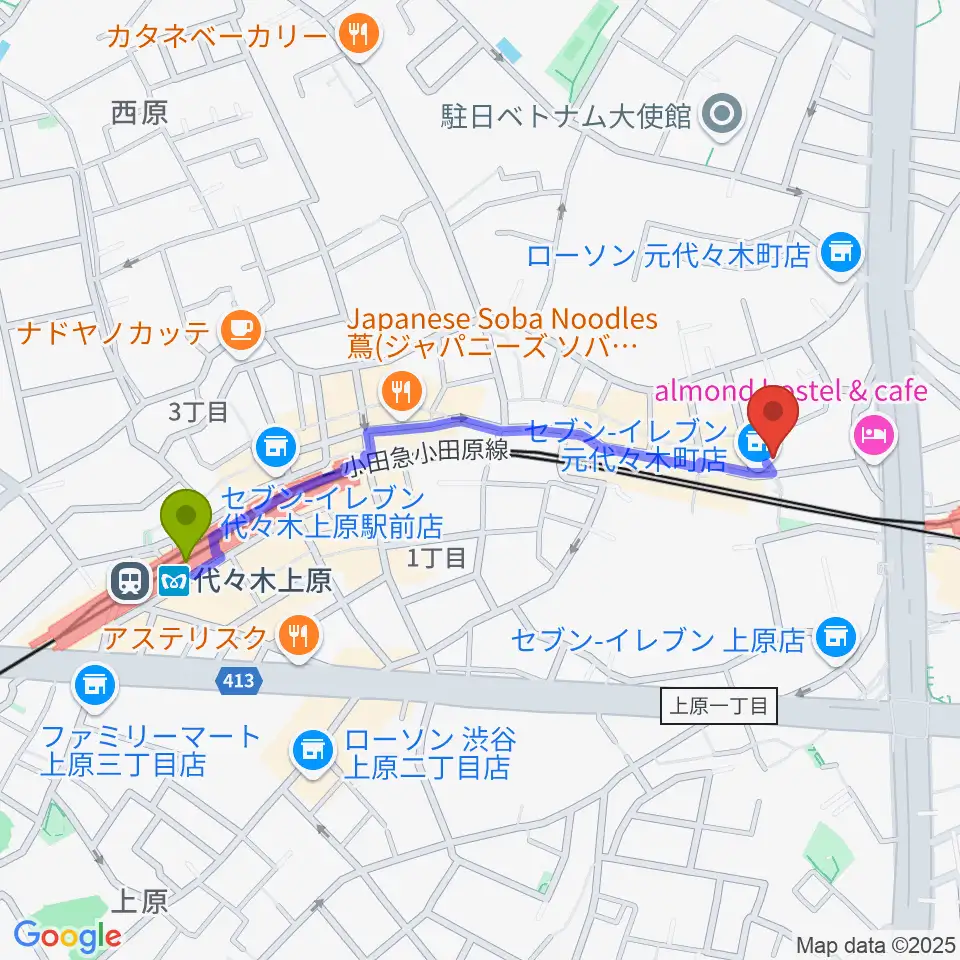 代々木上原駅からセオリスタジオへのルートマップ地図