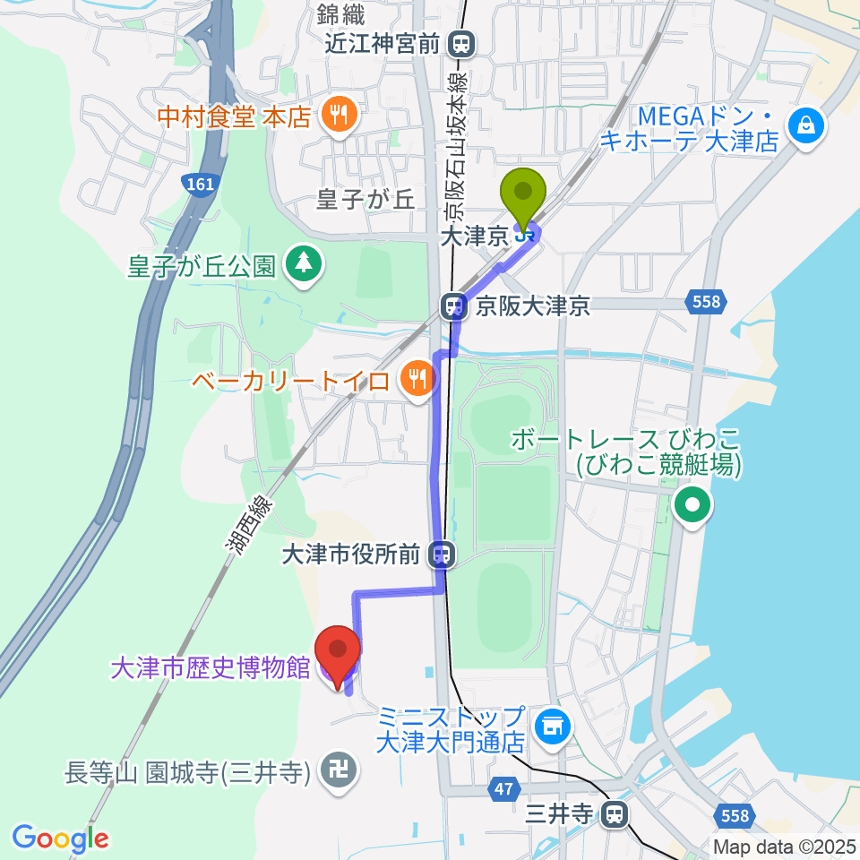 大津京駅から大津市歴史博物館へのルートマップ地図