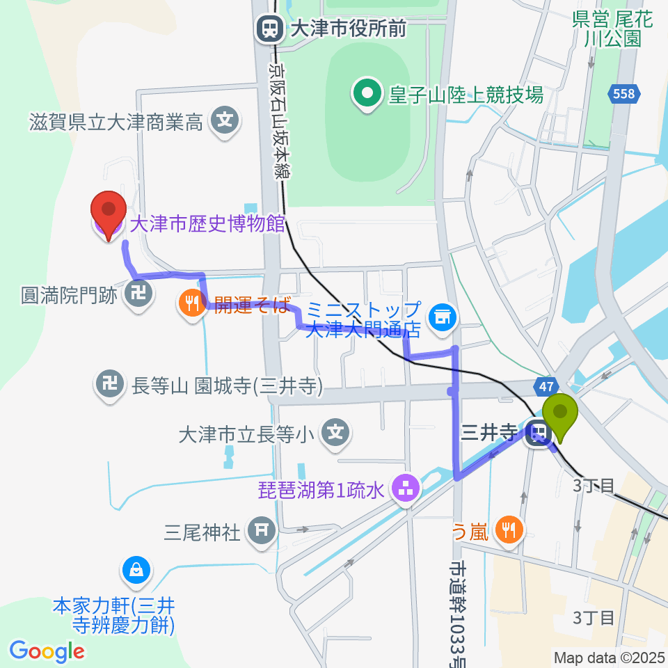 三井寺駅から大津市歴史博物館へのルートマップ地図