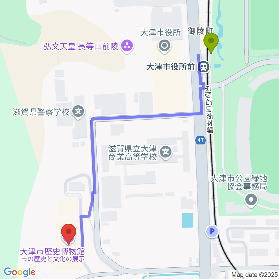 大津市歴史博物館の最寄駅大津市役所前駅からの徒歩ルート（約7分）地図