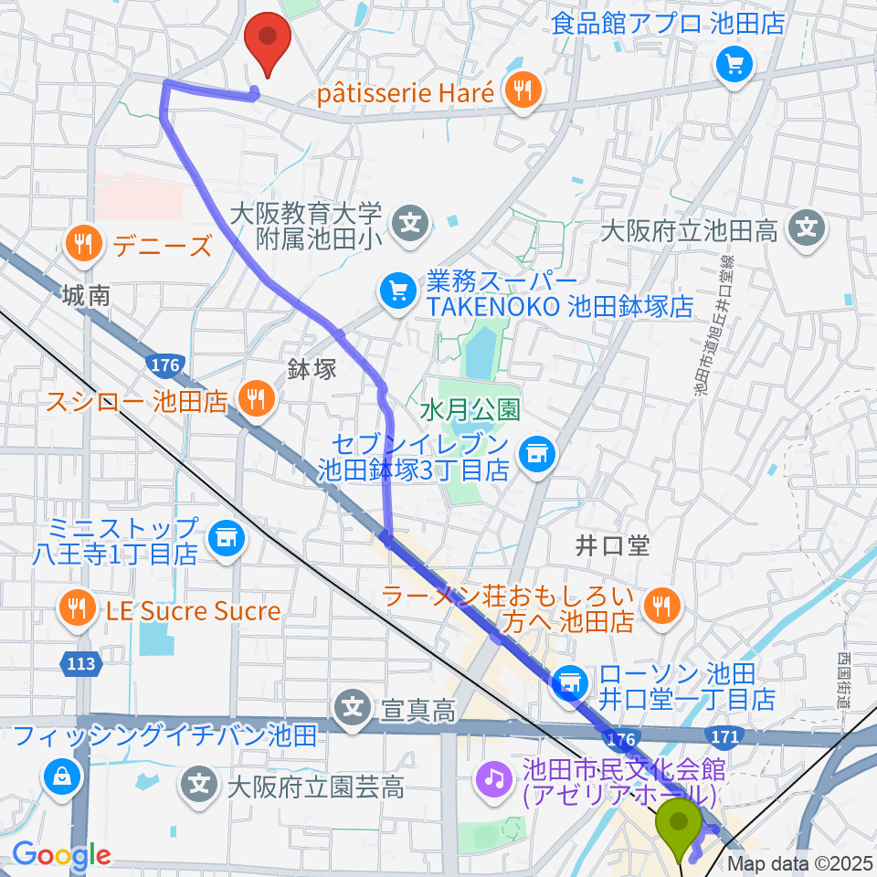 石橋阪大前駅から池田市立歴史民俗資料館へのルートマップ地図