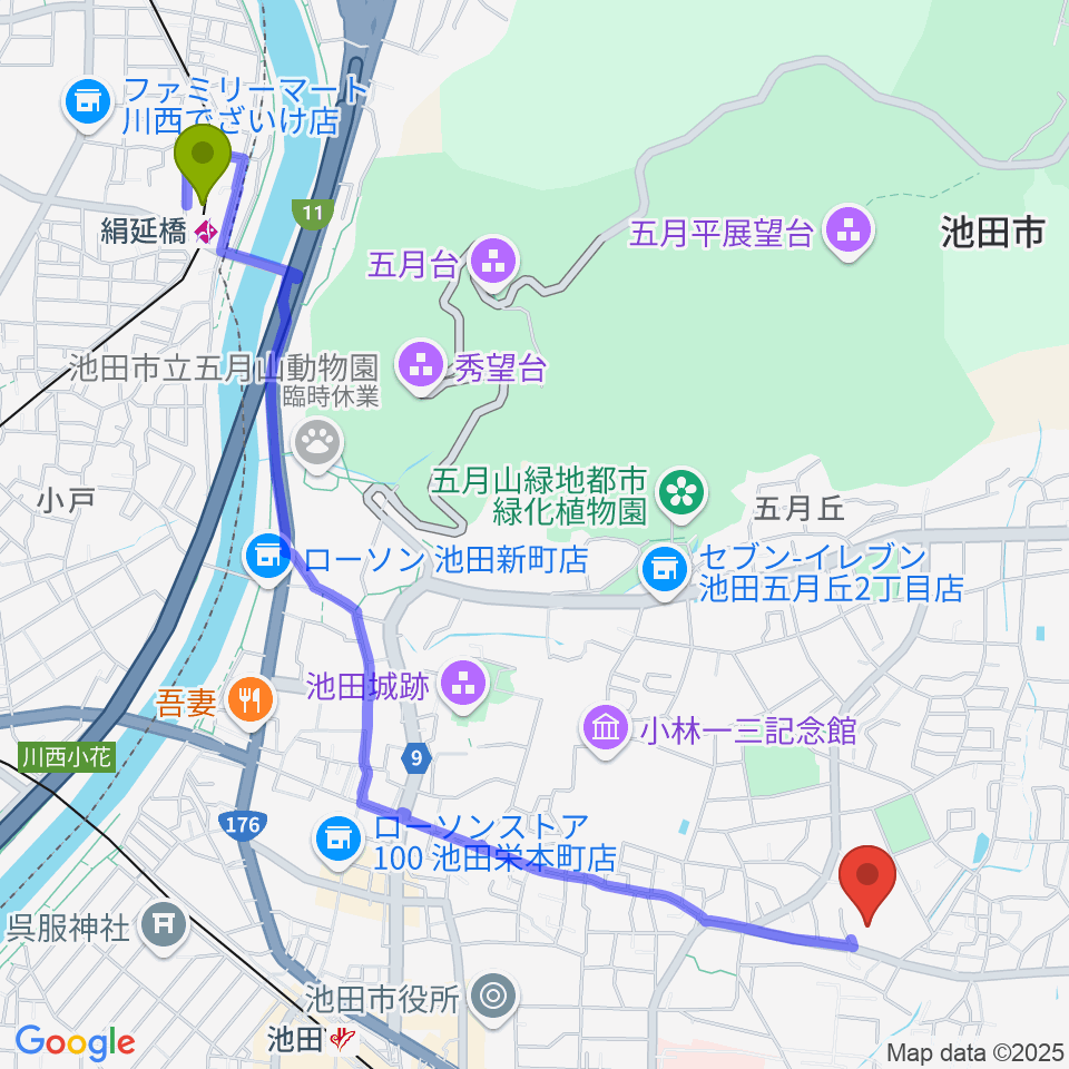 絹延橋駅から池田市立歴史民俗資料館へのルートマップ地図