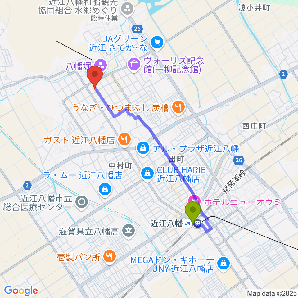 近江八幡市立資料館の最寄駅近江八幡駅からの徒歩ルート（約35分）地図