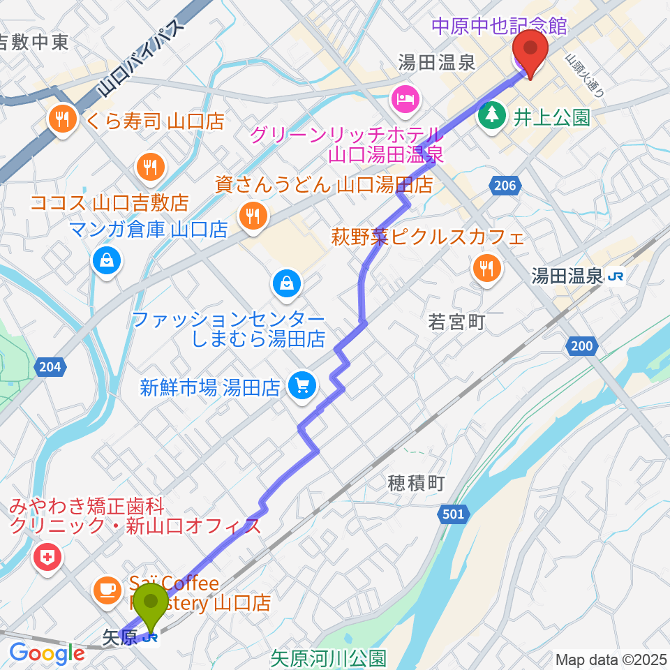 矢原駅から中原中也記念館へのルートマップ地図