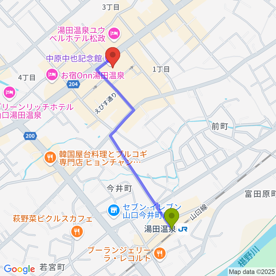 中原中也記念館の最寄駅湯田温泉駅からの徒歩ルート（約10分）地図