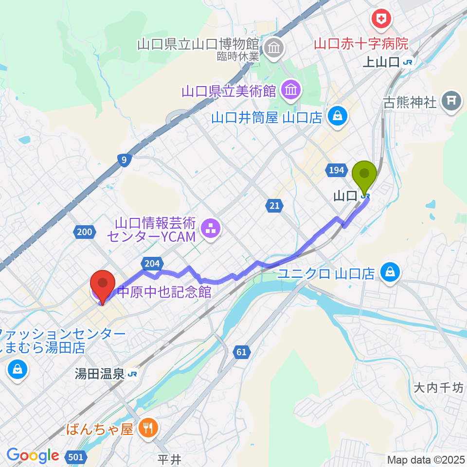 山口駅から中原中也記念館へのルートマップ地図