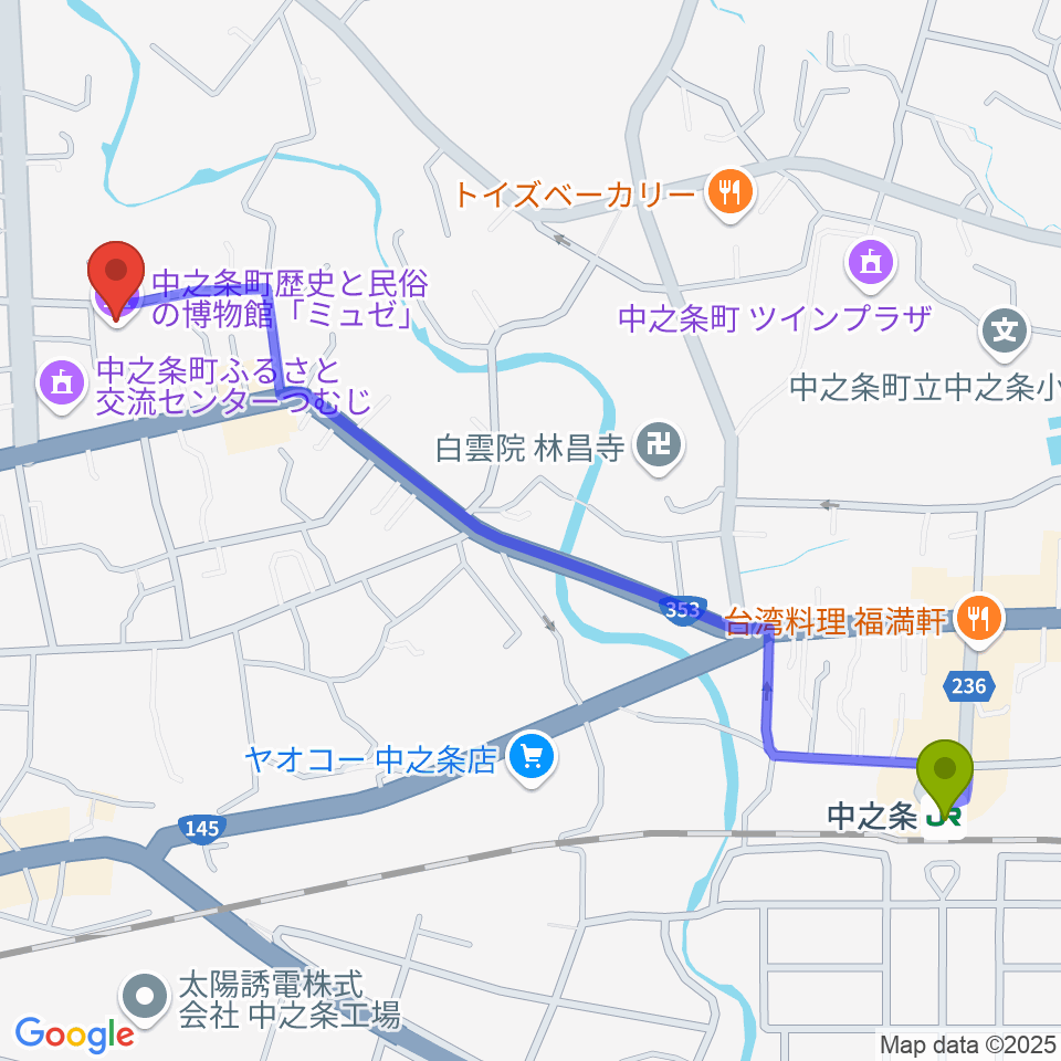 中之条町歴史と民俗の博物館「ミュゼ」の最寄駅中之条駅からの徒歩ルート（約14分）地図