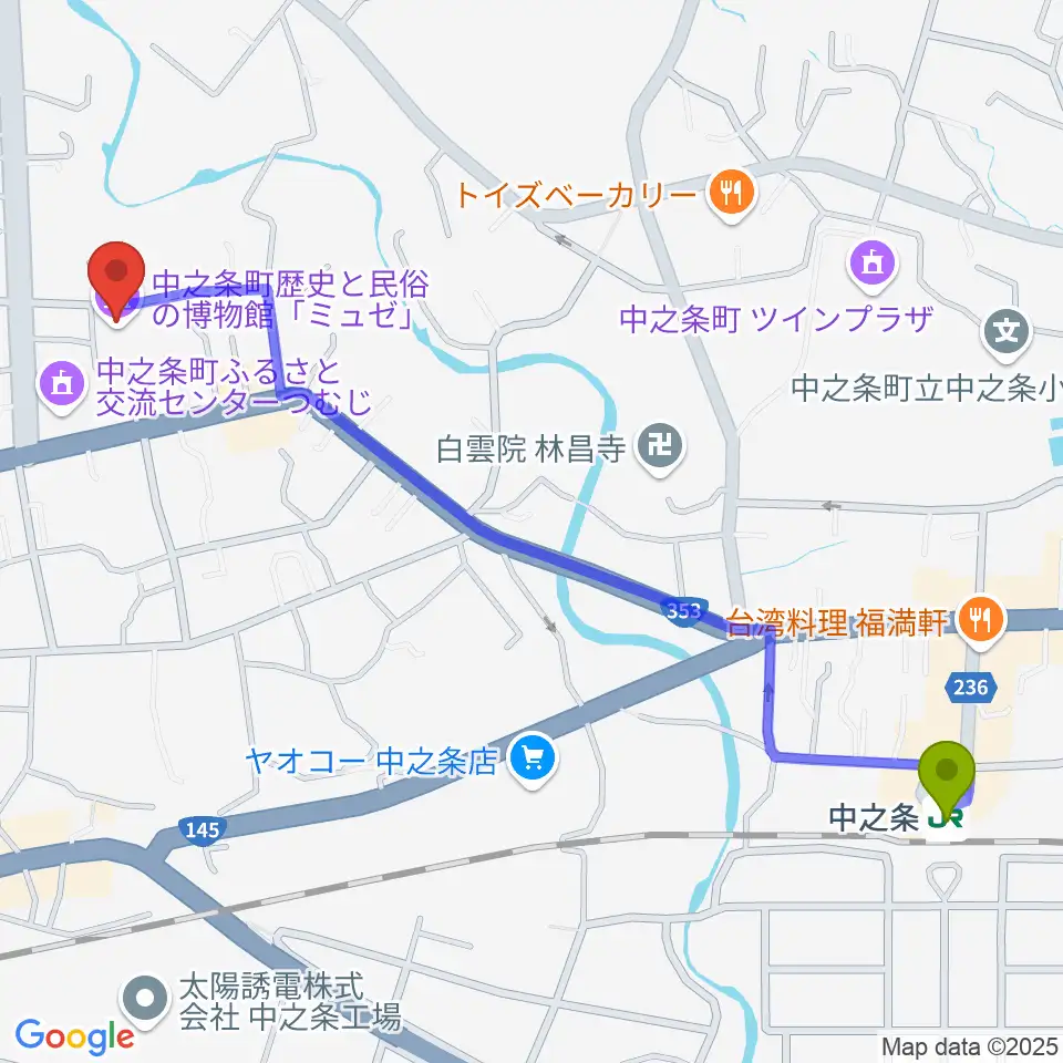 中之条町歴史と民俗の博物館「ミュゼ」の最寄駅中之条駅からの徒歩ルート（約14分）地図