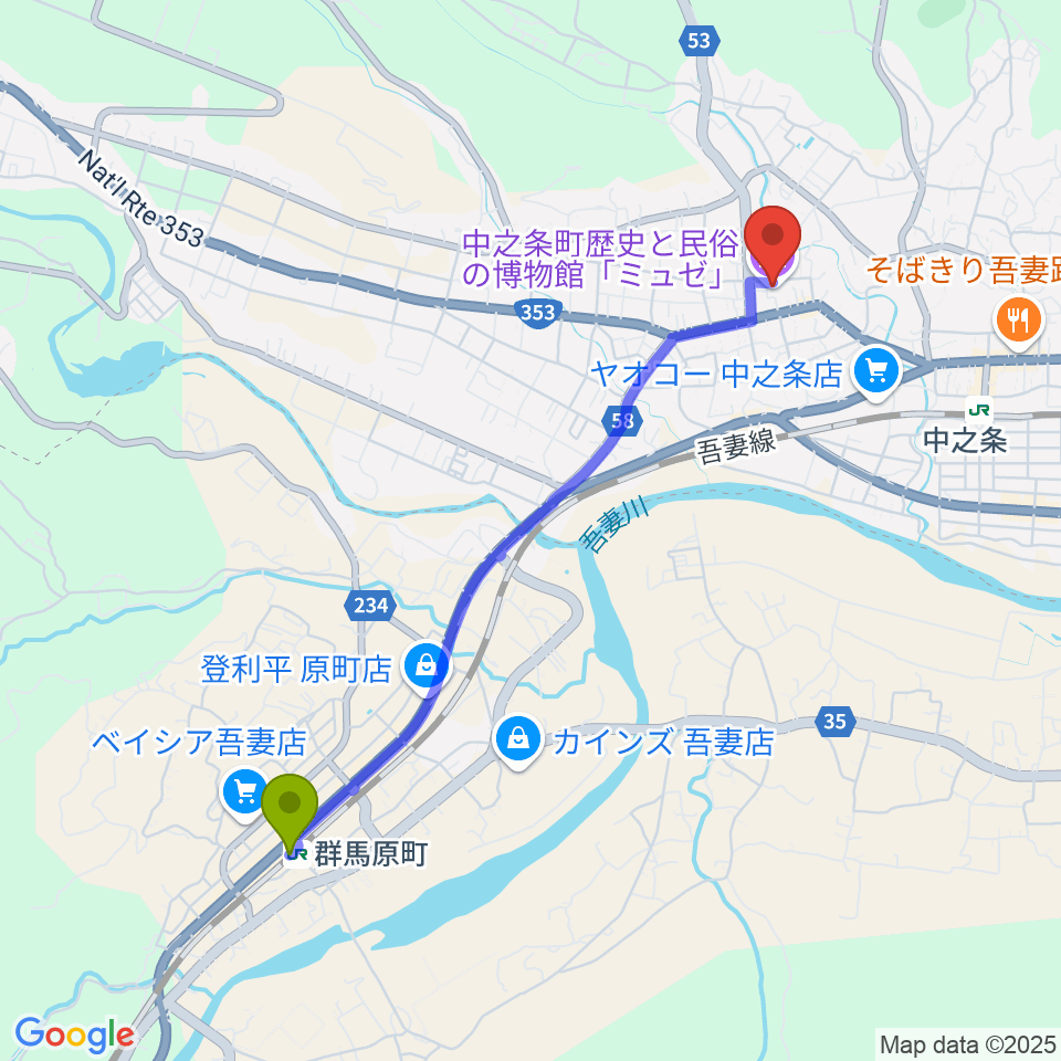 群馬原町駅から中之条町歴史と民俗の博物館「ミュゼ」へのルートマップ地図