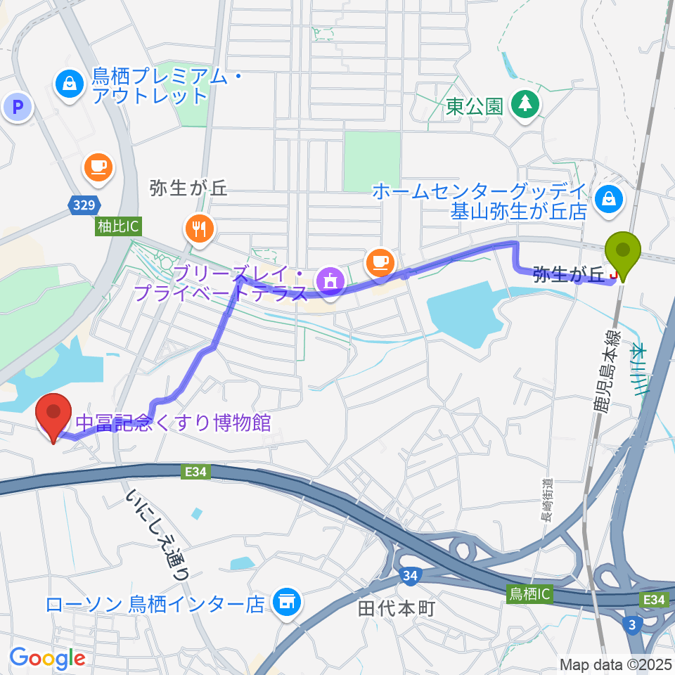 中冨記念くすり博物館の最寄駅弥生が丘駅からの徒歩ルート（約28分）地図