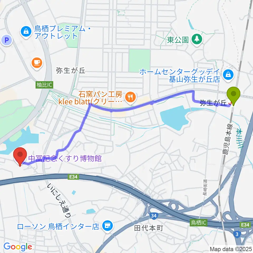 中冨記念くすり博物館の最寄駅弥生が丘駅からの徒歩ルート（約28分）地図