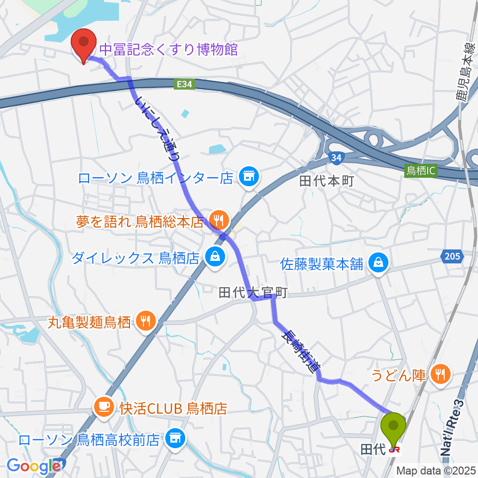 田代駅から中冨記念くすり博物館へのルートマップ地図