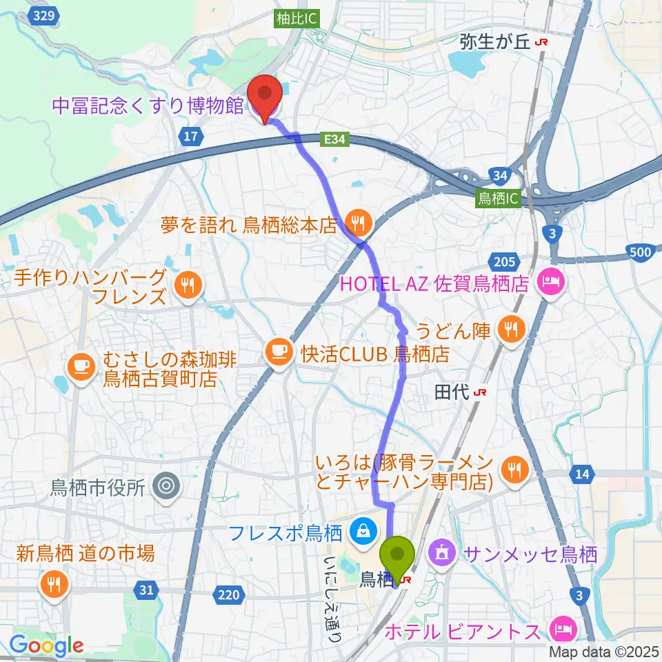 鳥栖駅から中冨記念くすり博物館へのルートマップ地図