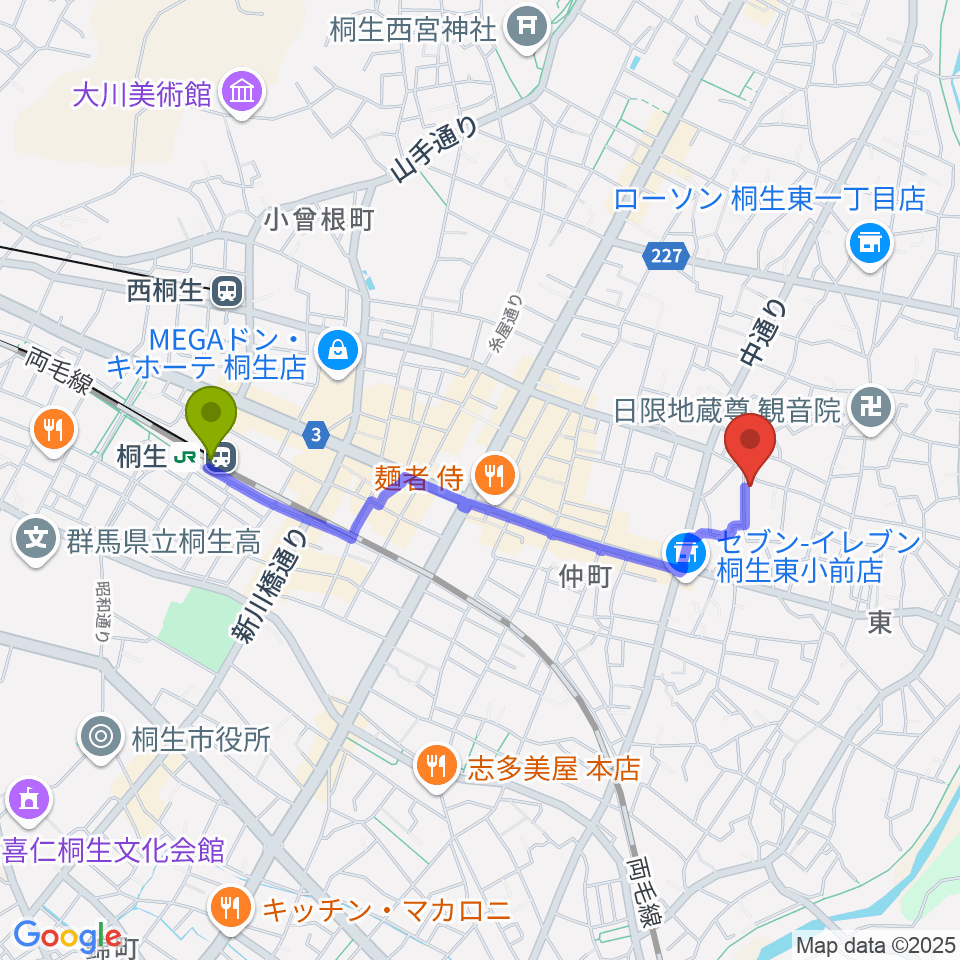 織物参考館・紫の最寄駅桐生駅からの徒歩ルート（約17分）地図