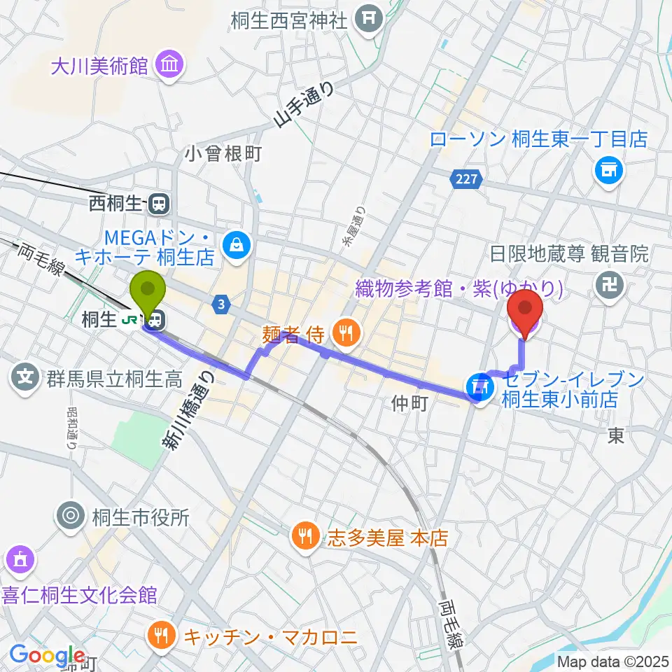 織物参考館・紫の最寄駅桐生駅からの徒歩ルート（約17分）地図