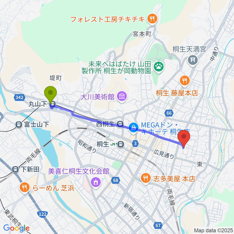 丸山下駅から織物参考館・紫へのルートマップ地図