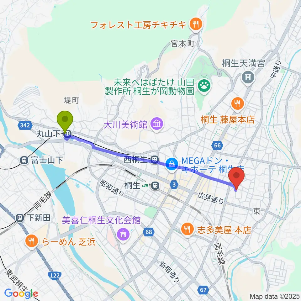 丸山下駅から織物参考館・紫へのルートマップ地図