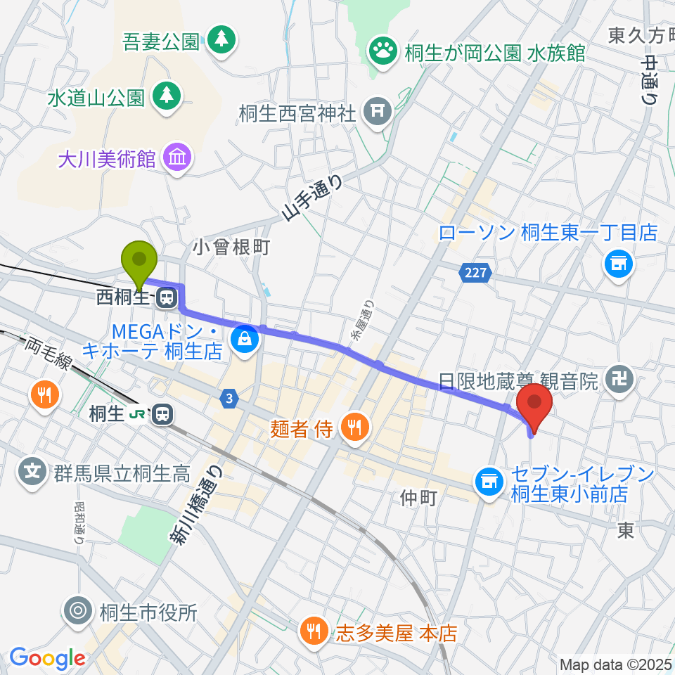 西桐生駅から織物参考館・紫へのルートマップ地図