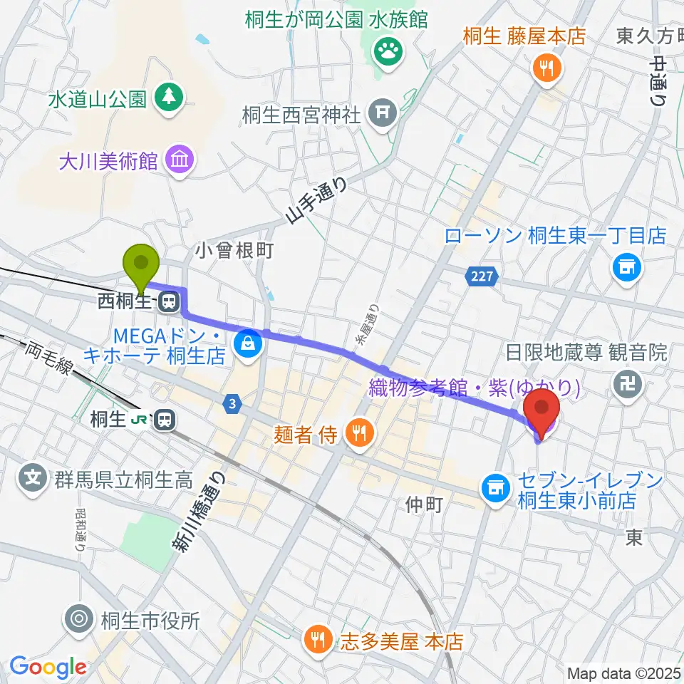西桐生駅から織物参考館・紫へのルートマップ地図