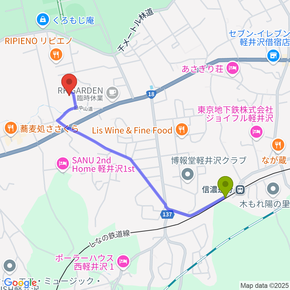 軽井沢町追分宿郷土館の最寄駅信濃追分駅からの徒歩ルート（約20分）地図