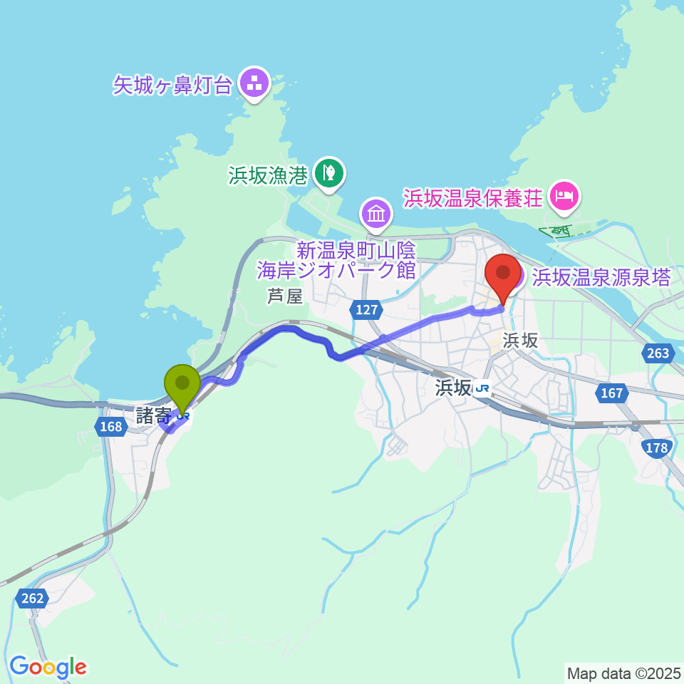 諸寄駅から浜坂先人記念館 以命亭へのルートマップ地図