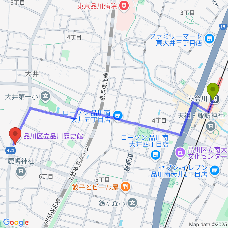 品川区立品川歴史館の最寄駅立会川駅からの徒歩ルート（約14分）地図