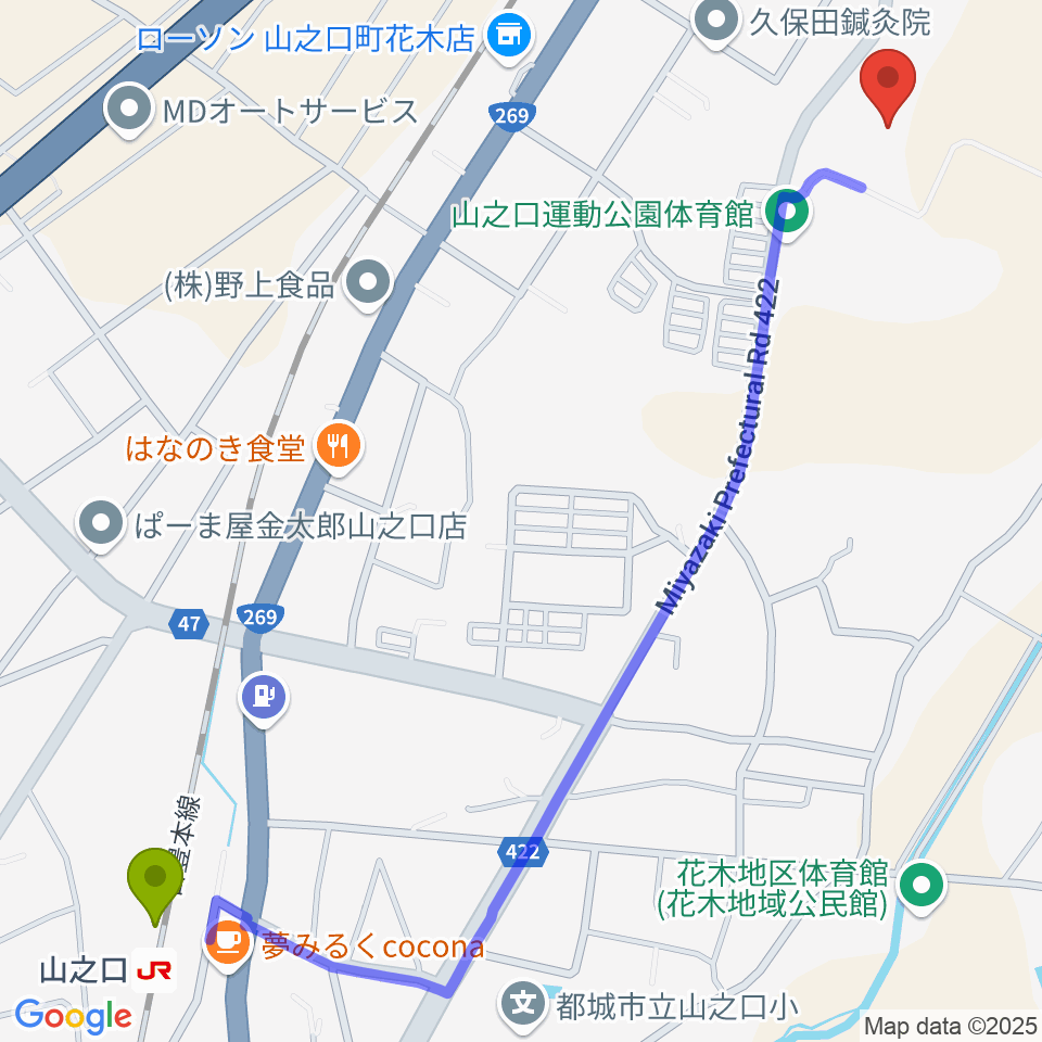 クロキリスタジアムの最寄駅山之口駅からの徒歩ルート（約17分）地図