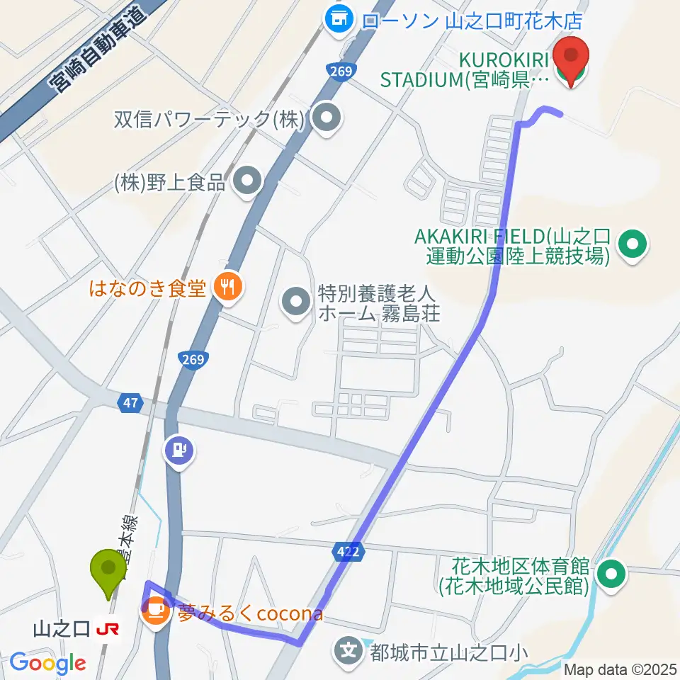 クロキリスタジアムの最寄駅山之口駅からの徒歩ルート（約16分）地図