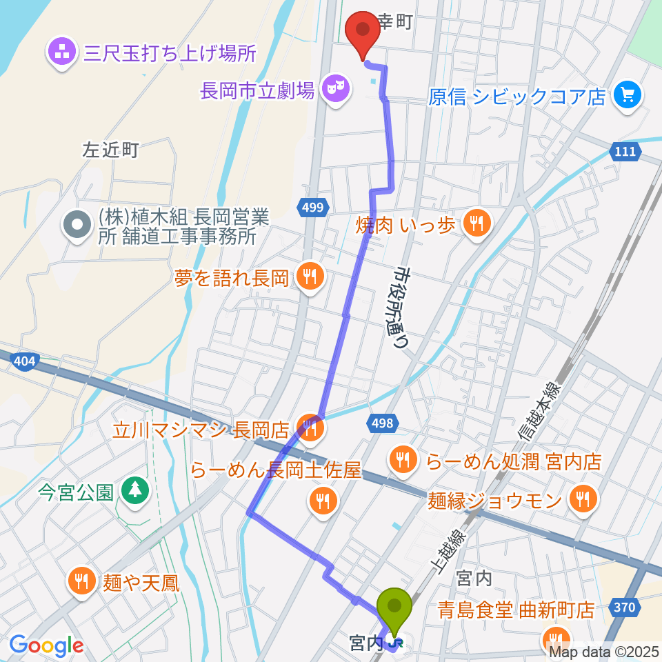 長岡市立科学博物館の最寄駅宮内駅からの徒歩ルート（約26分）地図