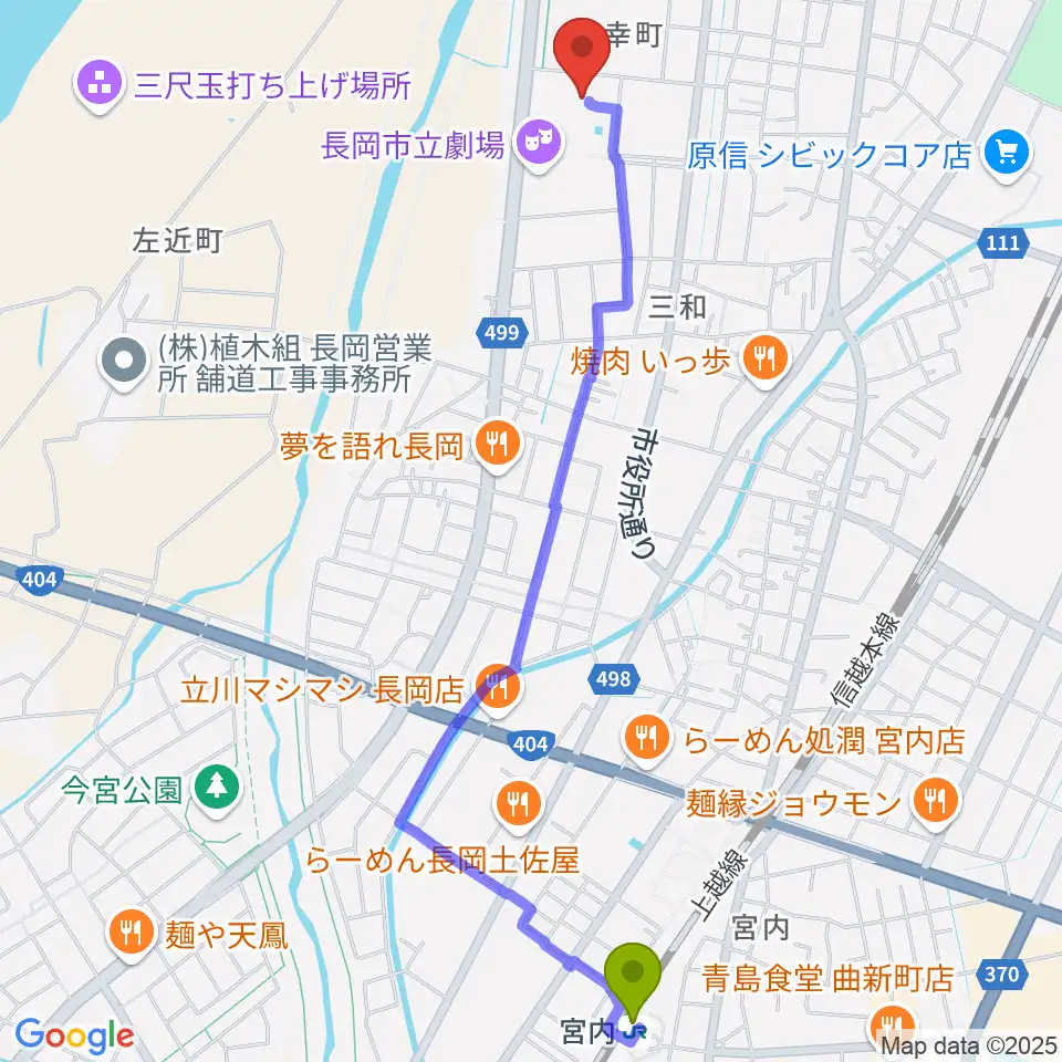 長岡市立科学博物館の最寄駅宮内駅からの徒歩ルート（約26分）地図