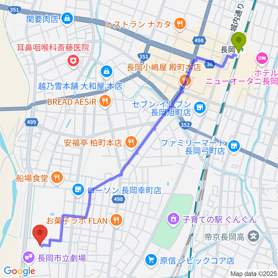 長岡駅から長岡市立科学博物館へのルートマップ地図