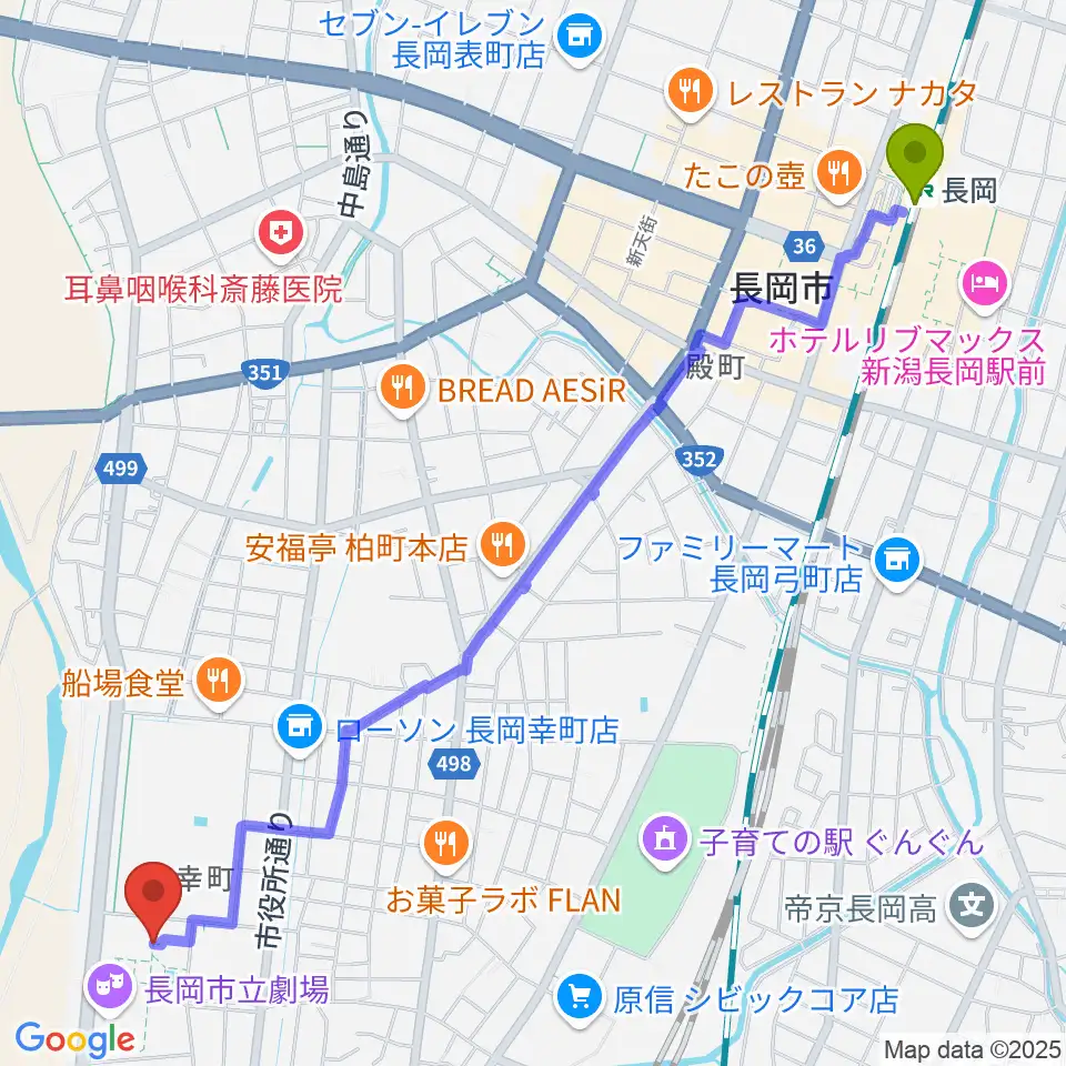 長岡駅から長岡市立科学博物館へのルートマップ地図