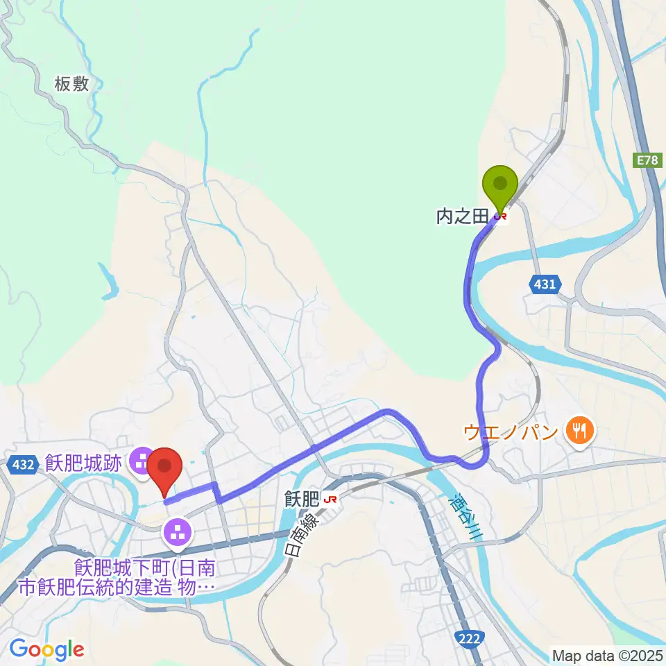 内之田駅から飫肥城歴史資料館へのルートマップ地図