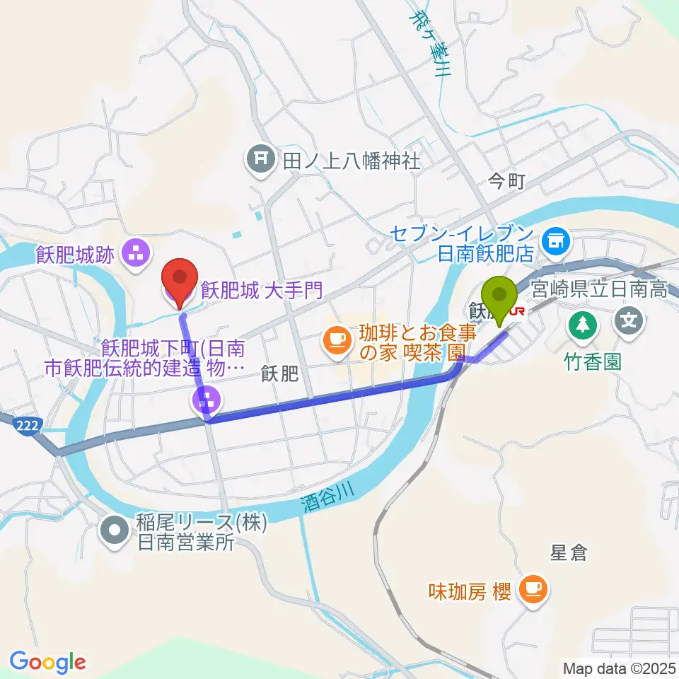 飫肥城歴史資料館の最寄駅飫肥駅からの徒歩ルート（約15分）地図