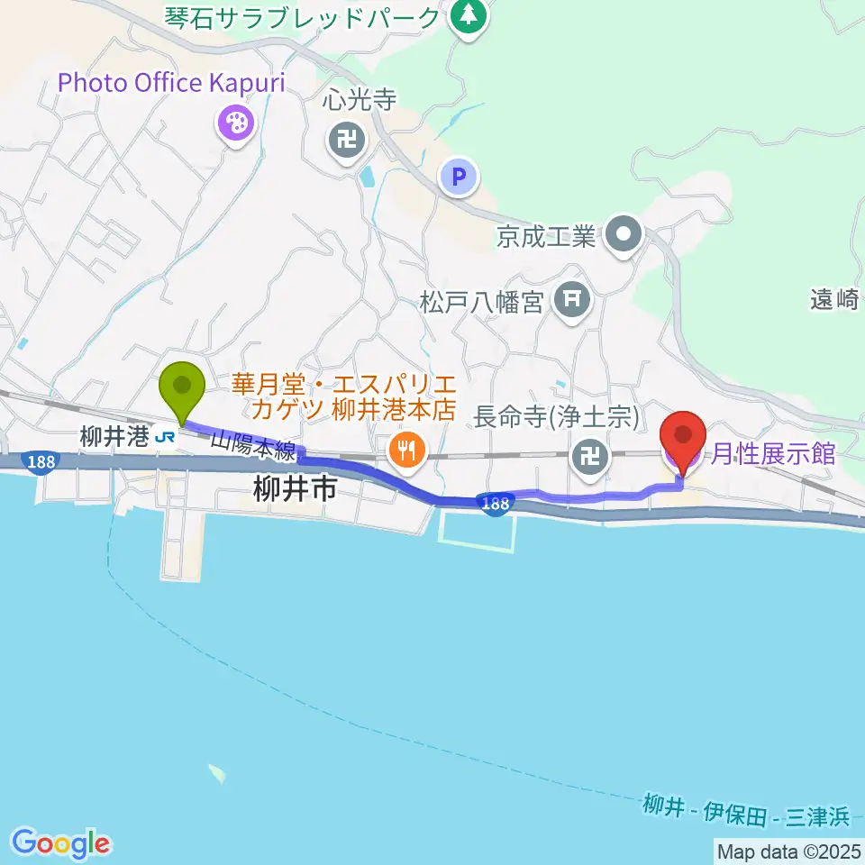 月性展示館・清狂草堂の最寄駅柳井港駅からの徒歩ルート（約18分）地図