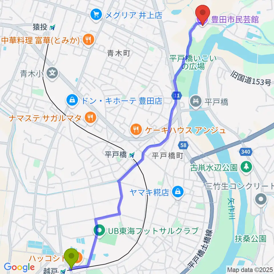 越戸駅から豊田市民芸館へのルートマップ地図