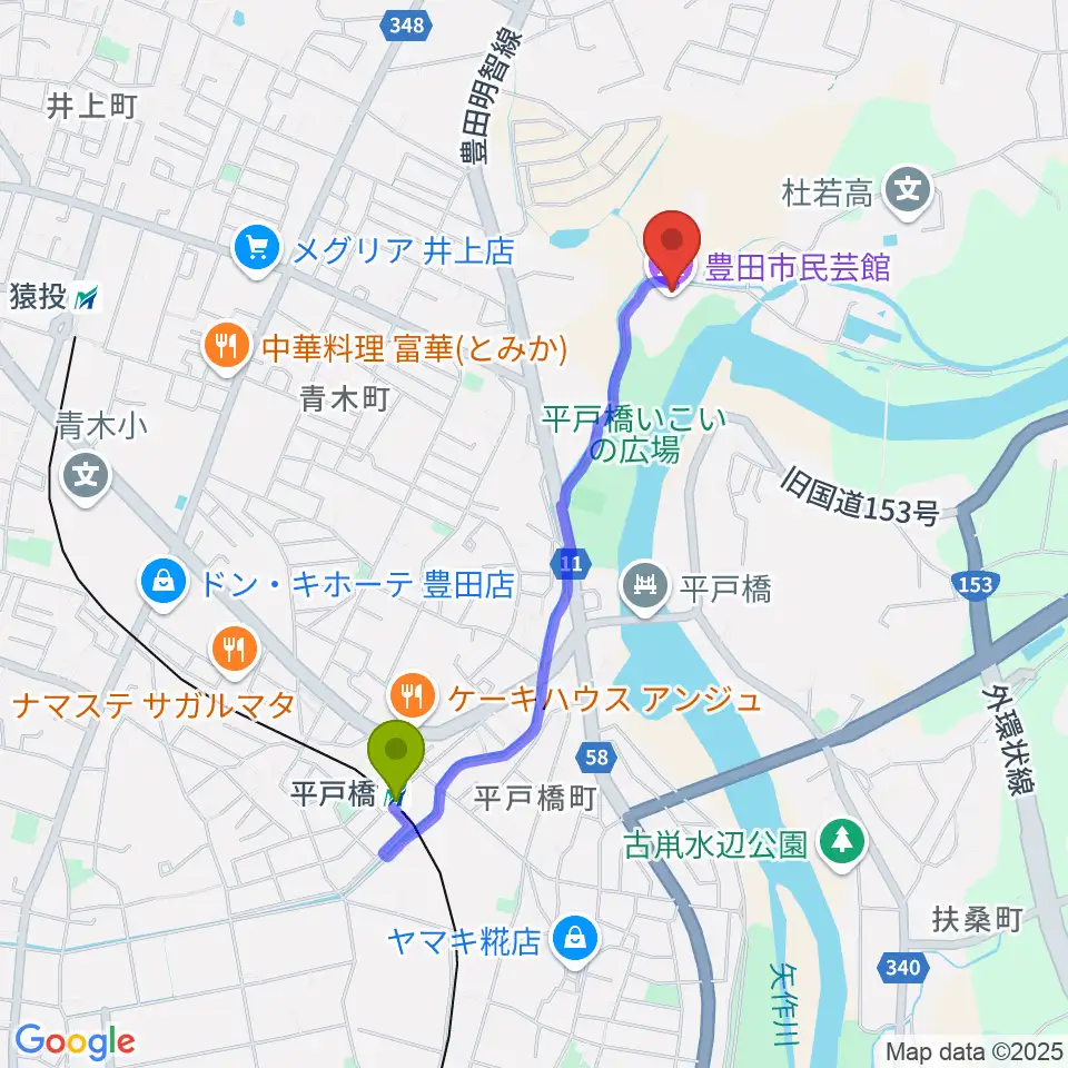 豊田市民芸館の最寄駅平戸橋駅からの徒歩ルート（約17分）地図