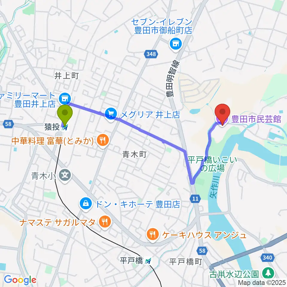 猿投駅から豊田市民芸館へのルートマップ地図