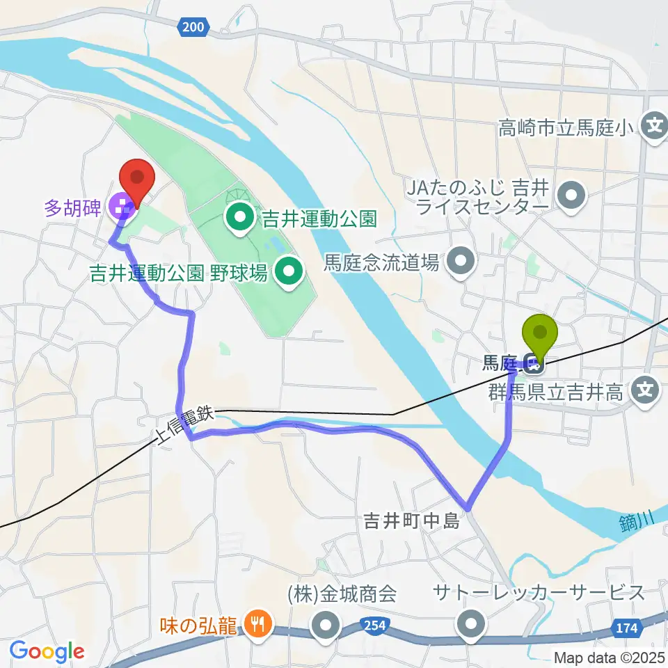 多胡碑記念館の最寄駅馬庭駅からの徒歩ルート（約20分）地図