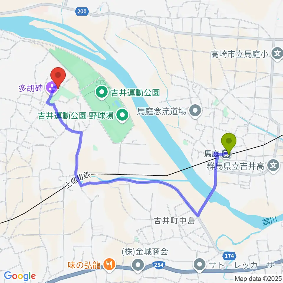 多胡碑記念館の最寄駅馬庭駅からの徒歩ルート（約20分）地図