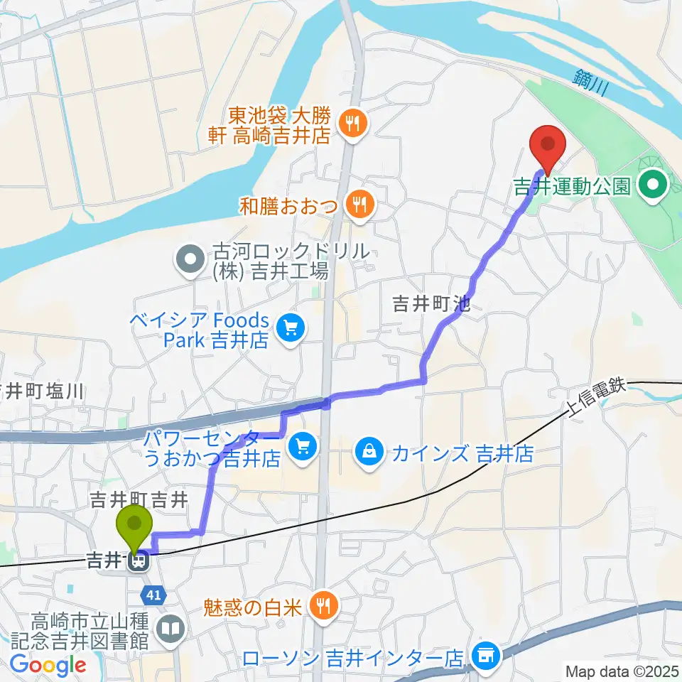 吉井駅から多胡碑記念館へのルートマップ地図