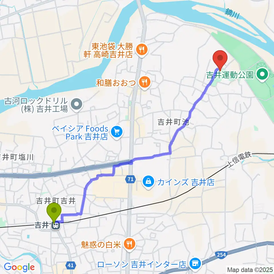 吉井駅から多胡碑記念館へのルートマップ地図