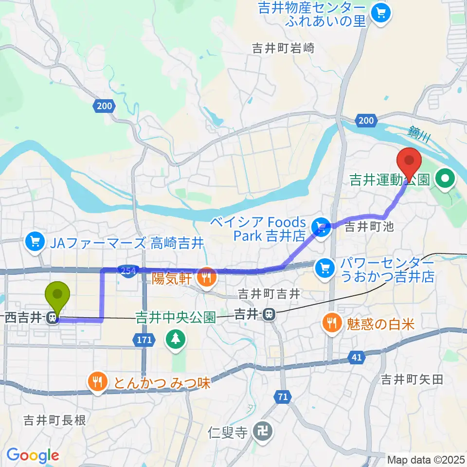 西吉井駅から多胡碑記念館へのルートマップ地図