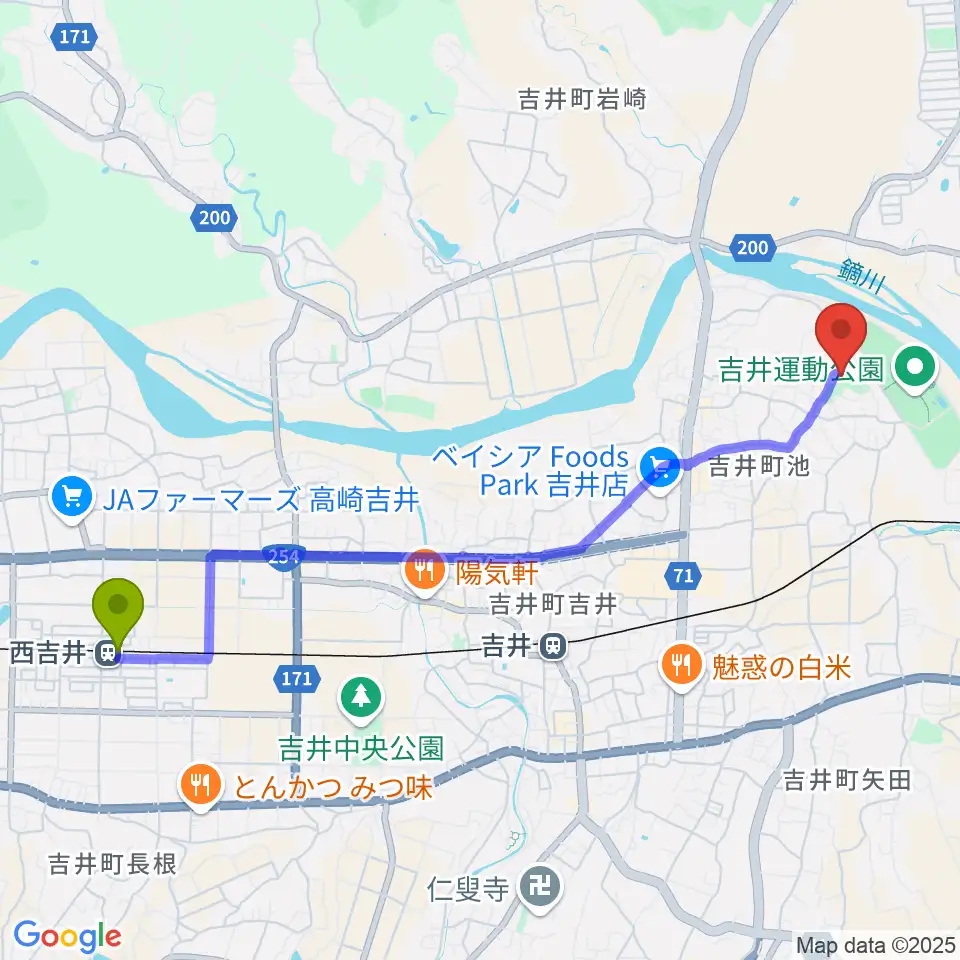 西吉井駅から多胡碑記念館へのルートマップ地図