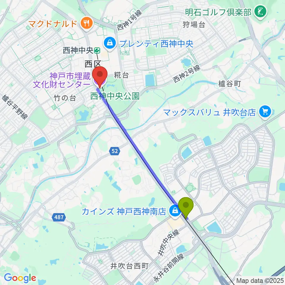 西神南駅から神戸市埋蔵文化財センターへのルートマップ地図