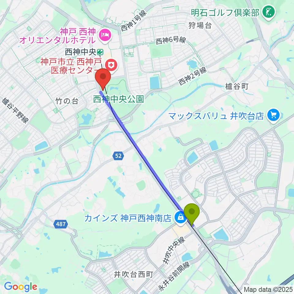 西神南駅から神戸市埋蔵文化財センターへのルートマップ地図