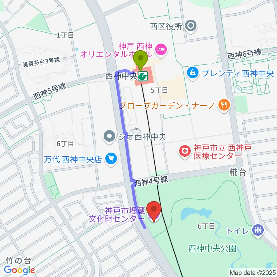 神戸市埋蔵文化財センターの最寄駅西神中央駅からの徒歩ルート（約9分）地図