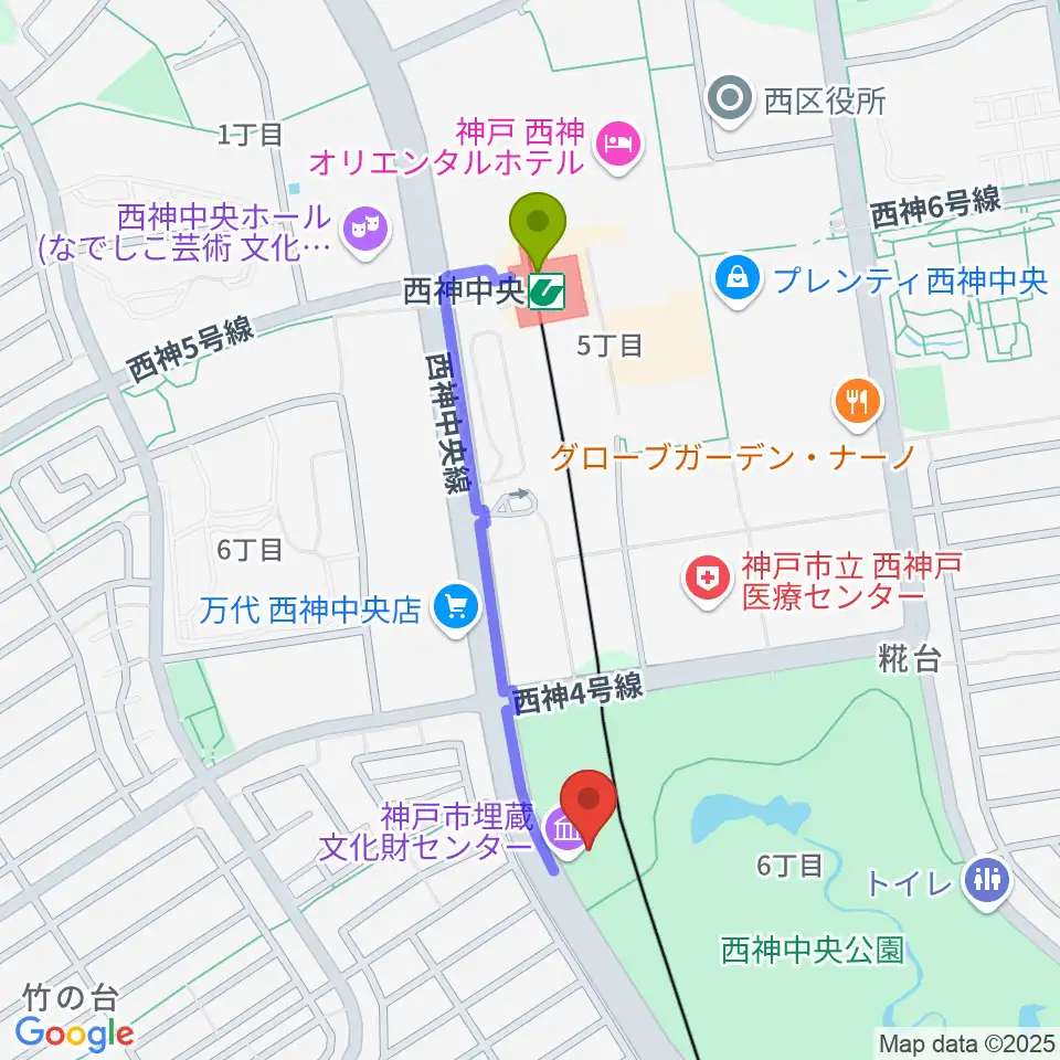神戸市埋蔵文化財センターの最寄駅西神中央駅からの徒歩ルート（約9分）地図