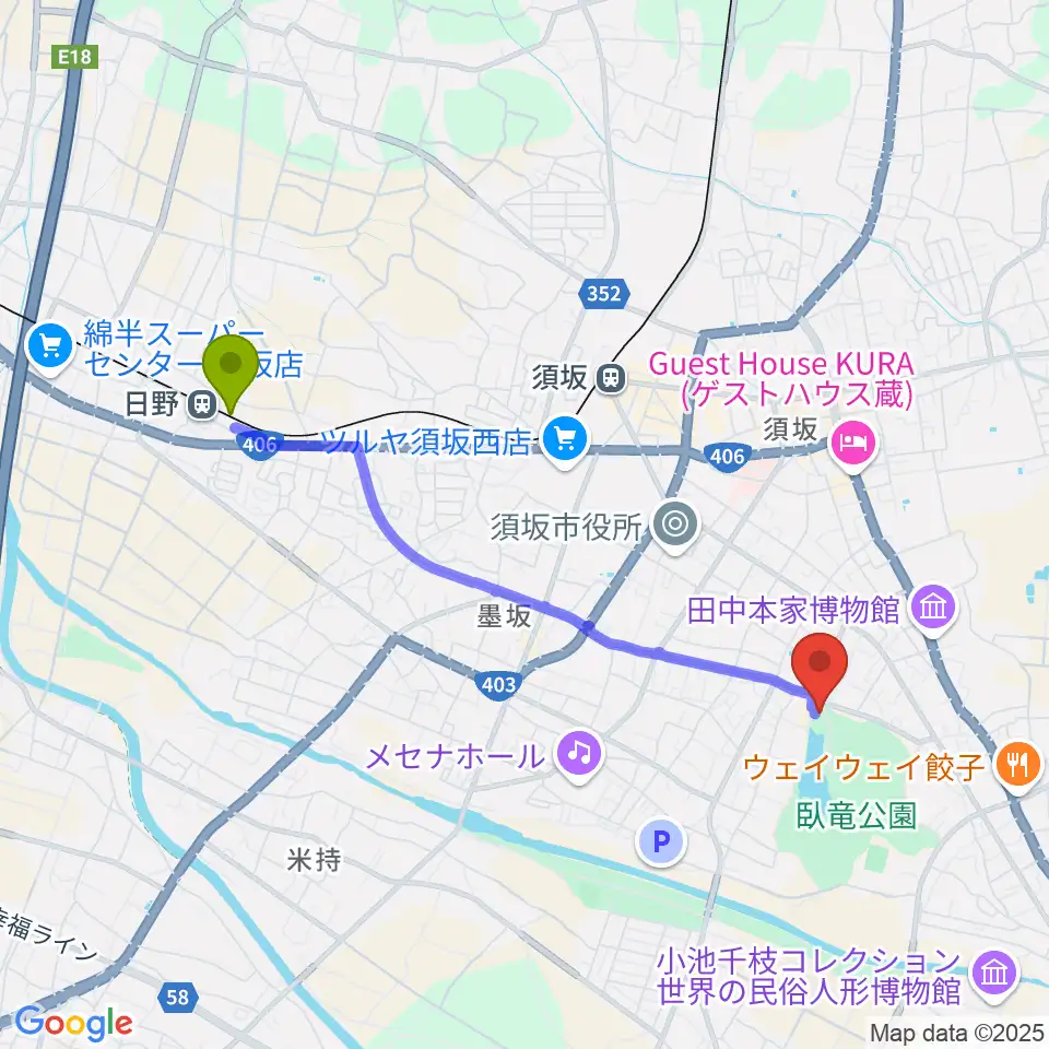 日野駅から須坂市立博物館へのルートマップ地図