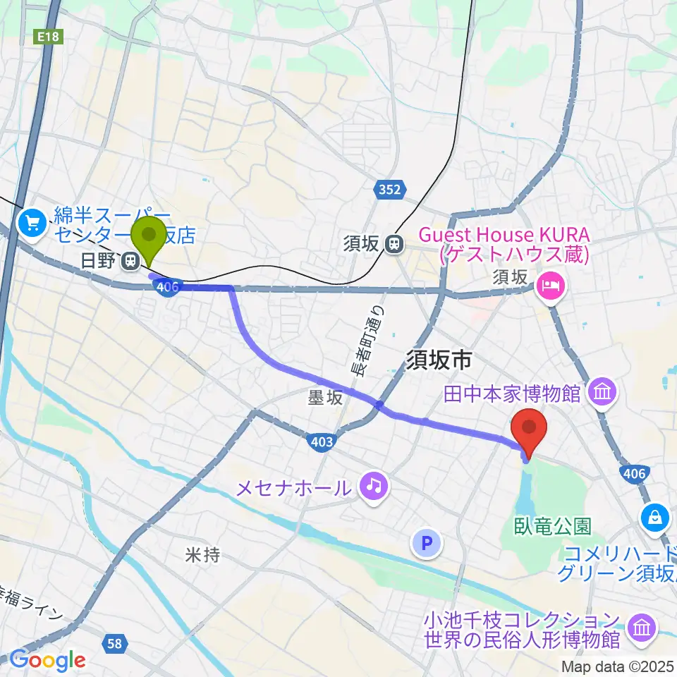 日野駅から須坂市立博物館へのルートマップ地図